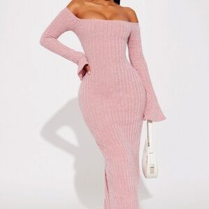 Pink Ribbed Off-Shoulder Bodycon Dress